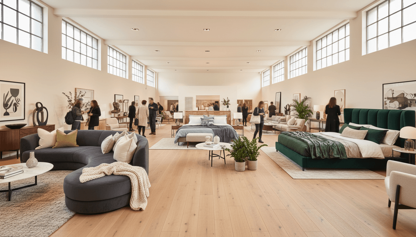Bright showroom featuring multiple furniture displays including sofas, beds, and accessories with customers browsing pieces