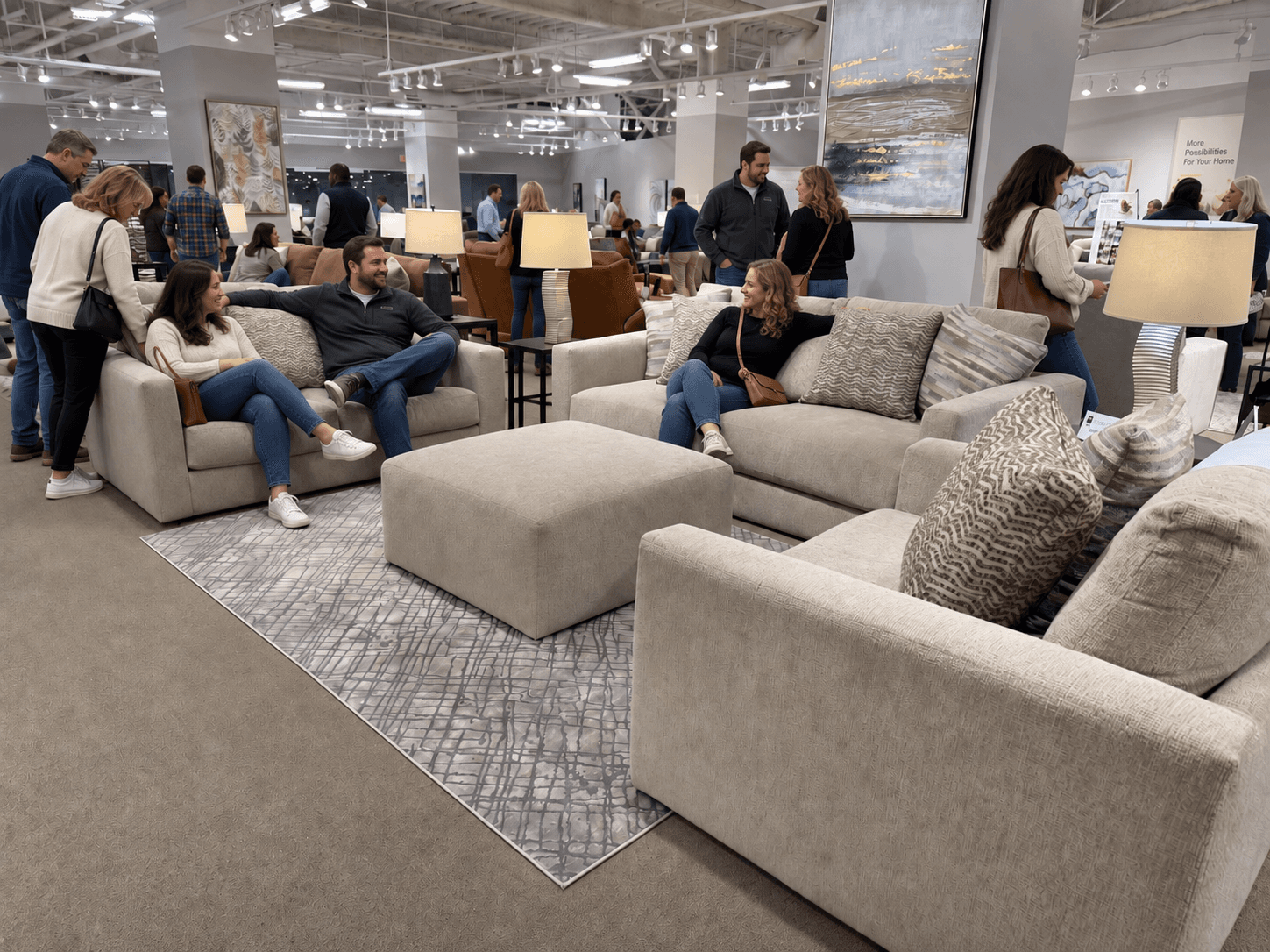 Shoppers test neutral-toned sofas and ottomans in a large, brightly lit furniture showroom.