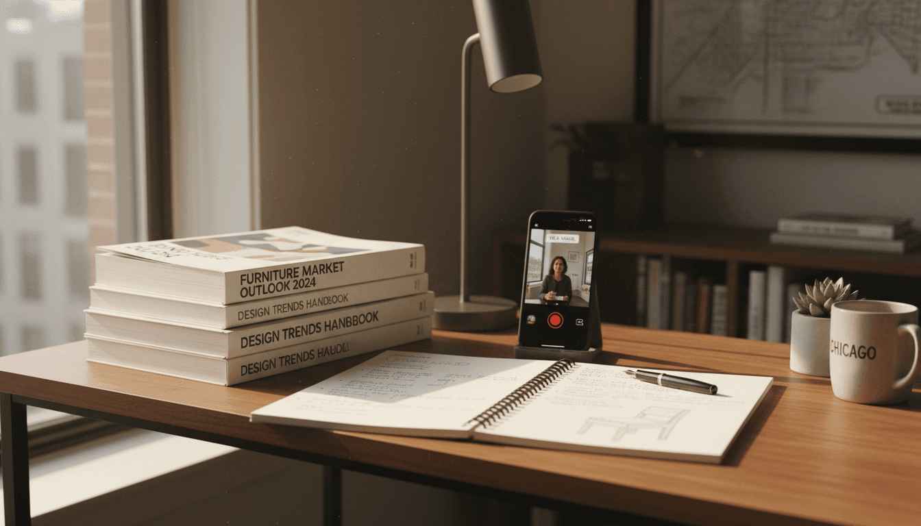 Desk with furniture industry guides and a smartphone recording video