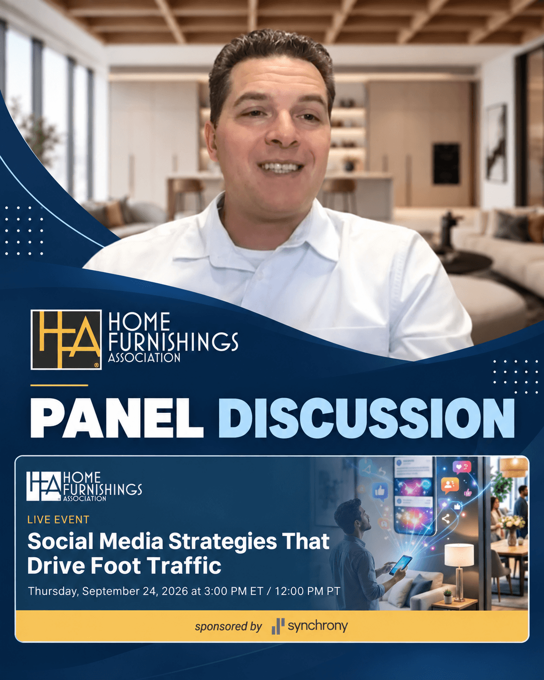 Home Furnishings Association panel discussion flyer on social media strategies featuring a smiling male speaker.