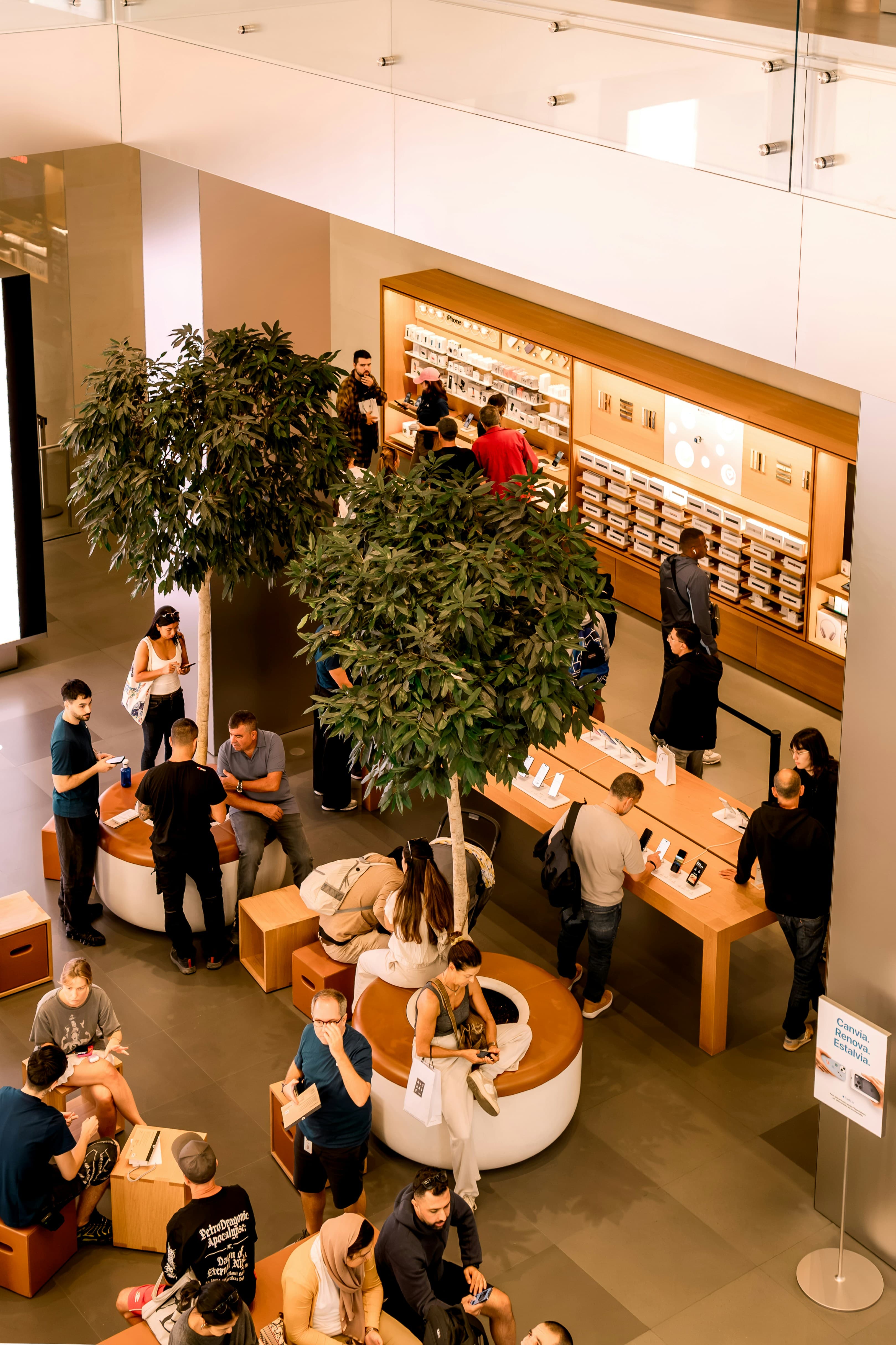 People browse electronics in a bright, modern retail store featuring large indoor trees.